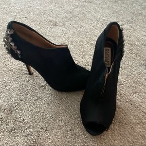 Black beaded satin bash key mischka booties
